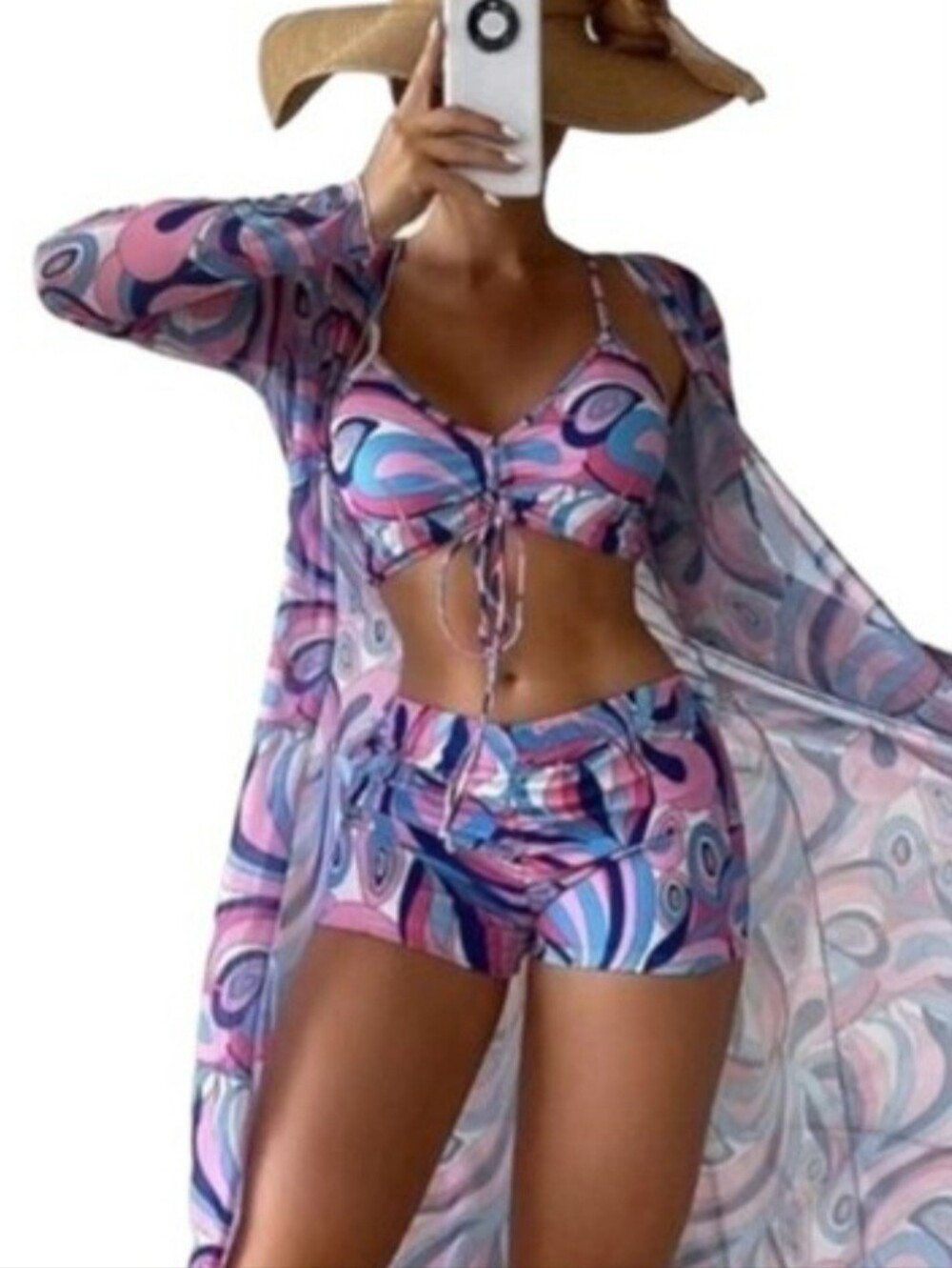Purple 70s Inspired 3 Piece Bikini Set Cover-Up Swimsuit